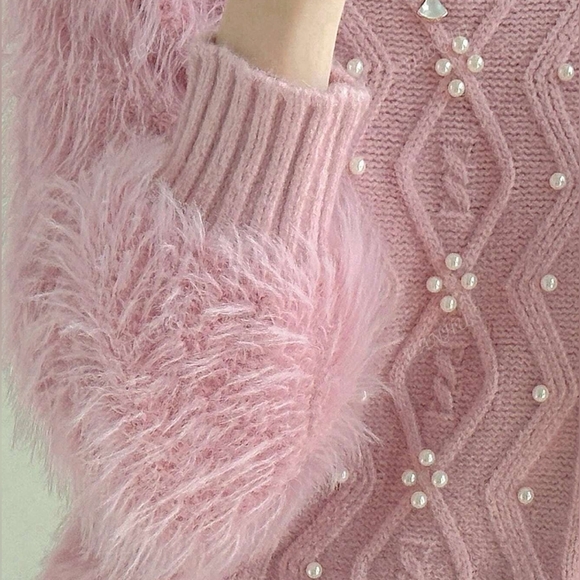 Solid Pearls Beaded Fuzzy Sweater - Picture 3 of 4